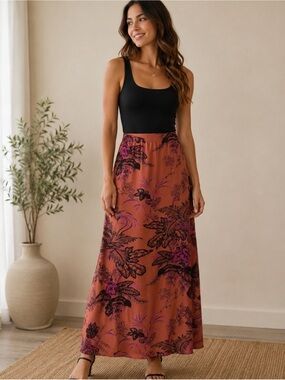 Floral Print Maxi Skirt in Coral with Black & Pink Accents